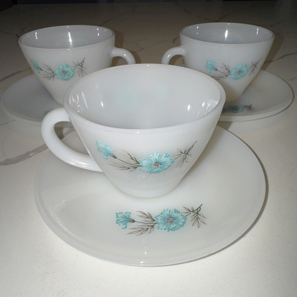 3 Vintage Anchor Hocking‎ Fire King Boutonniere Milk Glass Cups and Saucers Set